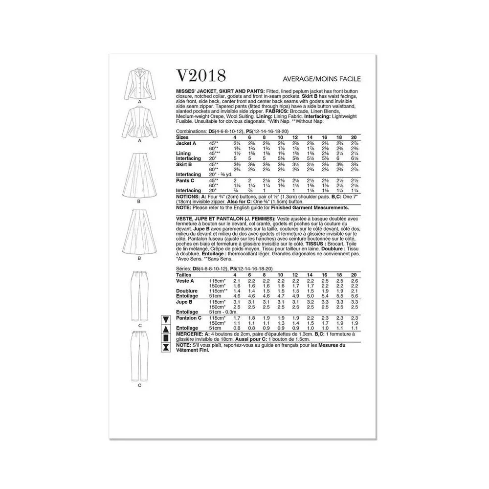 Vogue V2018 Sewing Pattern‎ Misses Jacket Skirt Pants Size 12-20 Uncut